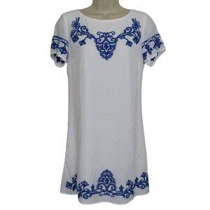 Lulus Womens Extra Small XS Tale to Tell Blue Ivory Embroidered Shift Dress Boho